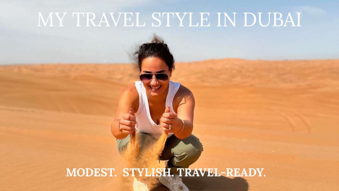 Woman joyfully jumping in the desert with blue sky background, wearing green joggers and white tank top, enjoying Dubai adventure
