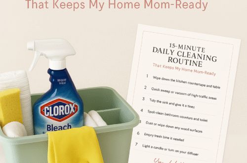 Graphic feature image for blog post titled ‘The 15-Minute Daily Cleaning Routine,’ designed in blush pink and cream tones with elegant modern fonts and a download button for a printable checklist.