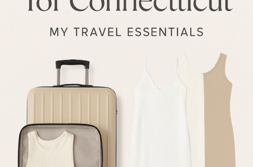 Flat lay of stylish summer travel essentials including toiletry bag, sandals, dress, and packing cubes for a family trip to Connecticut, featured on Polished and real lifestyle blog.
