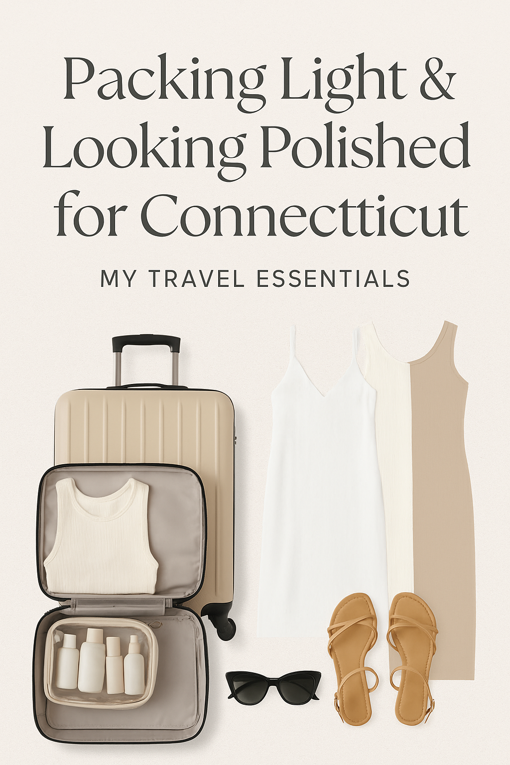 Flat lay of stylish summer travel essentials including toiletry bag, sandals, dress, and packing cubes for a family trip to Connecticut, featured on Polished and real lifestyle blog.