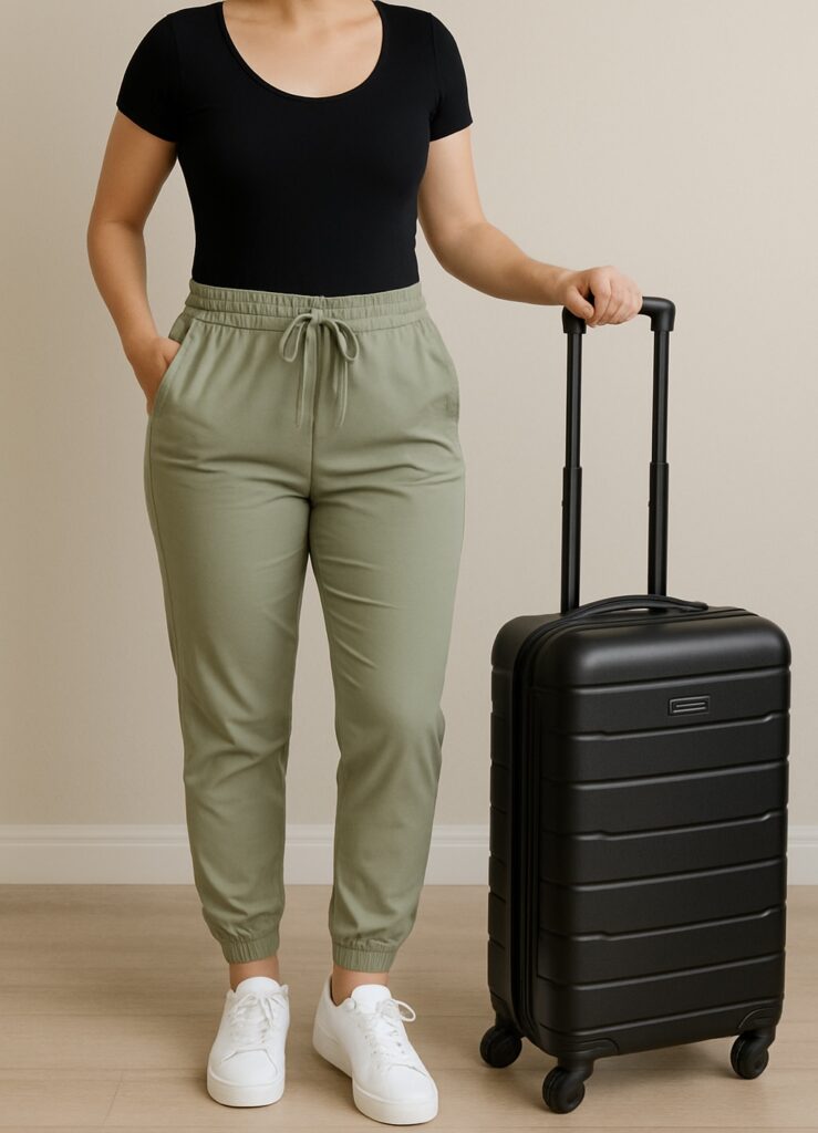 Flat lay of a travel-ready outfit featuring olive green joggers, black bodysuit-style t-shirt, white sneakers, perfect for a comfortable and stylish airport look.