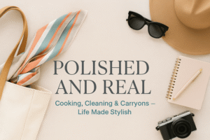 Polished and Real blog banner with travel, fashion, and lifestyle flat lay