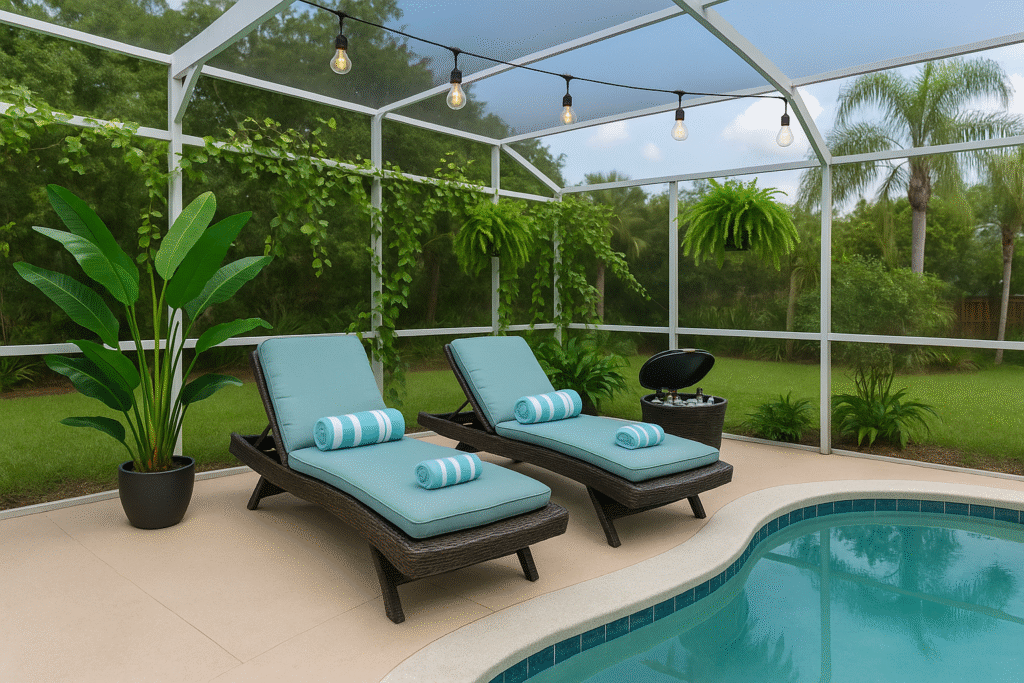 Backyard pool area with tropical plants, wicker lounge chairs with aqua cushions, stripped towels, hanging string lights, and a cooler table on a screened patio.